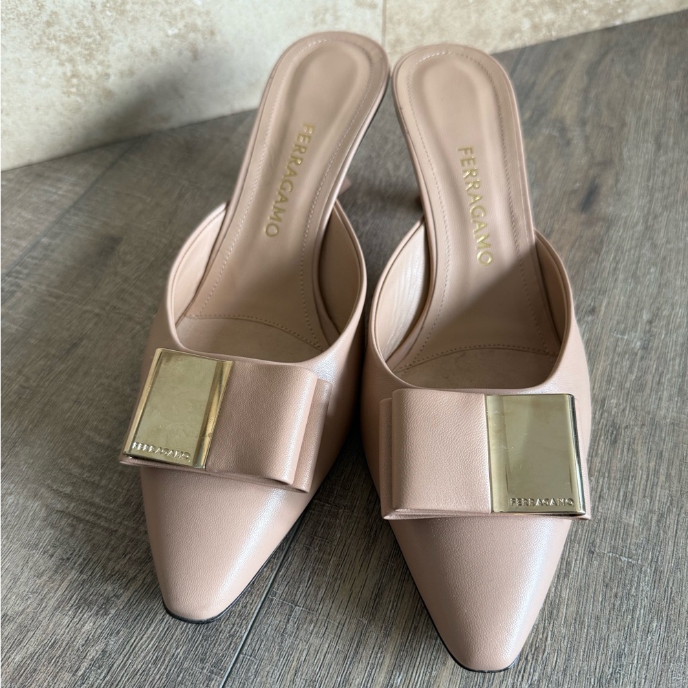 Salvatore Ferragamo Nude Mules with Gold Accent